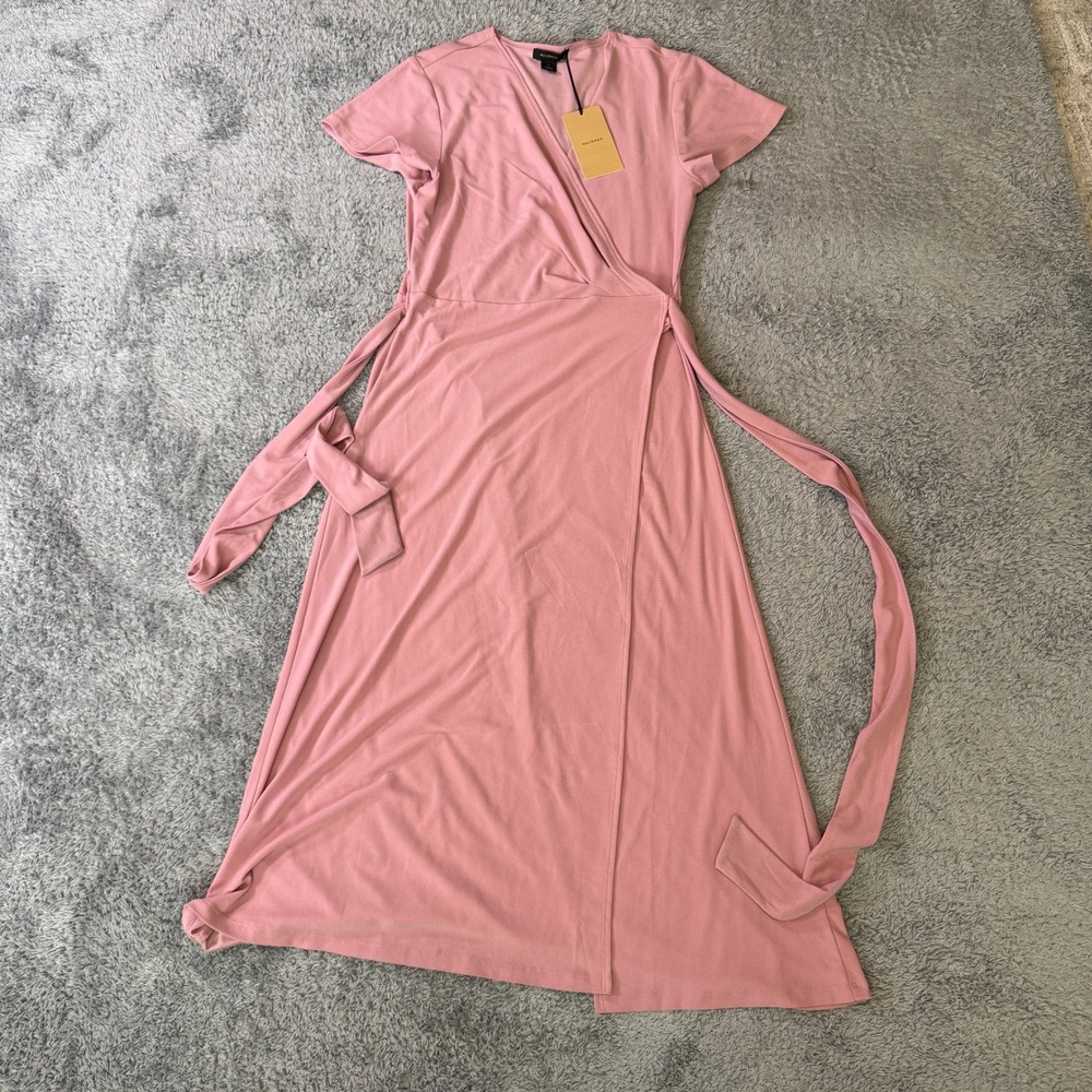 Halogen Women Wrap Midi Dress Small Pink Crepe V-Neck Short Sleeve